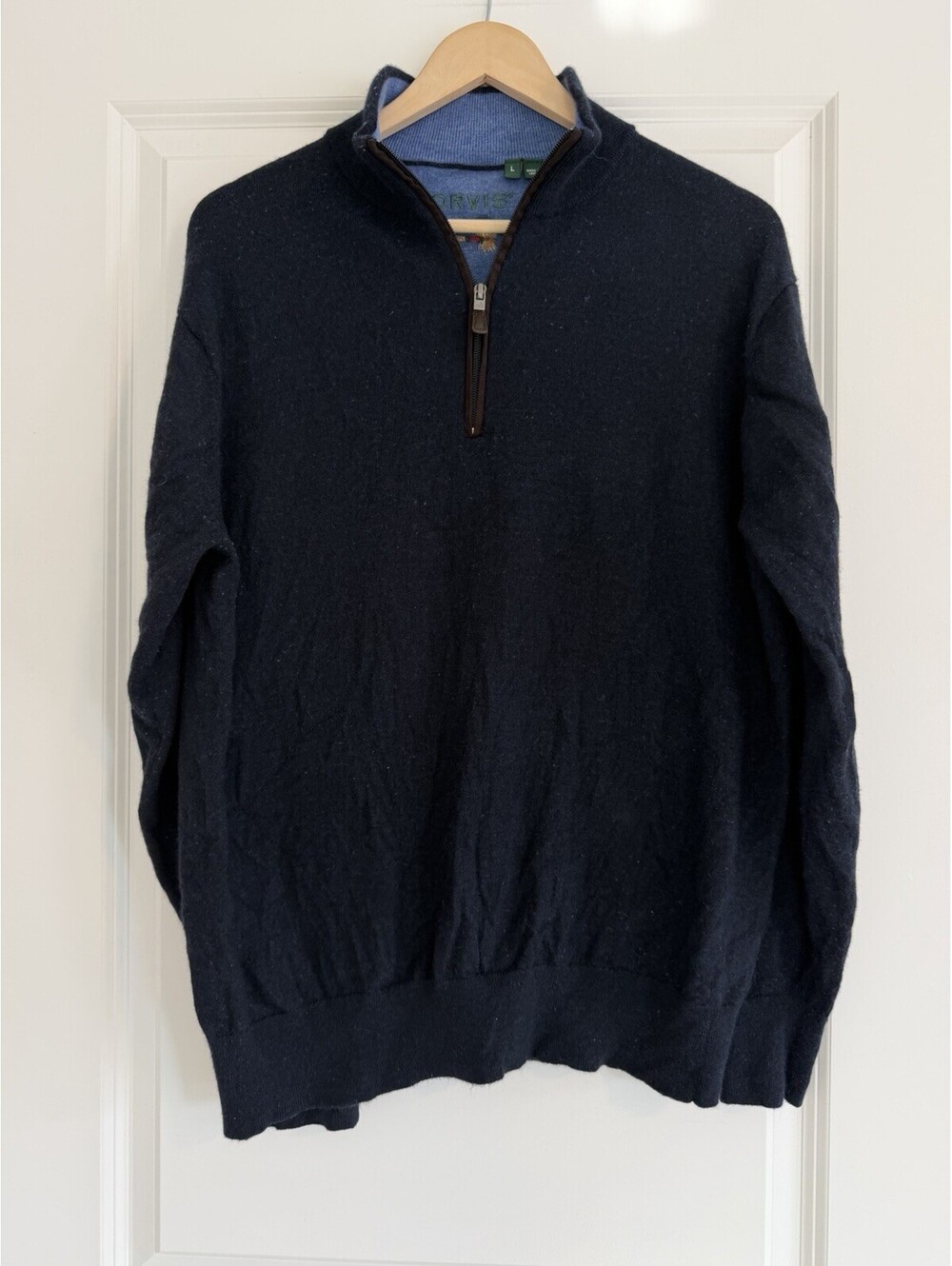 Orvis Men’s Quarter-Zip Sweater Navy Blue 100% Merino Wool Size L Outdoorsy